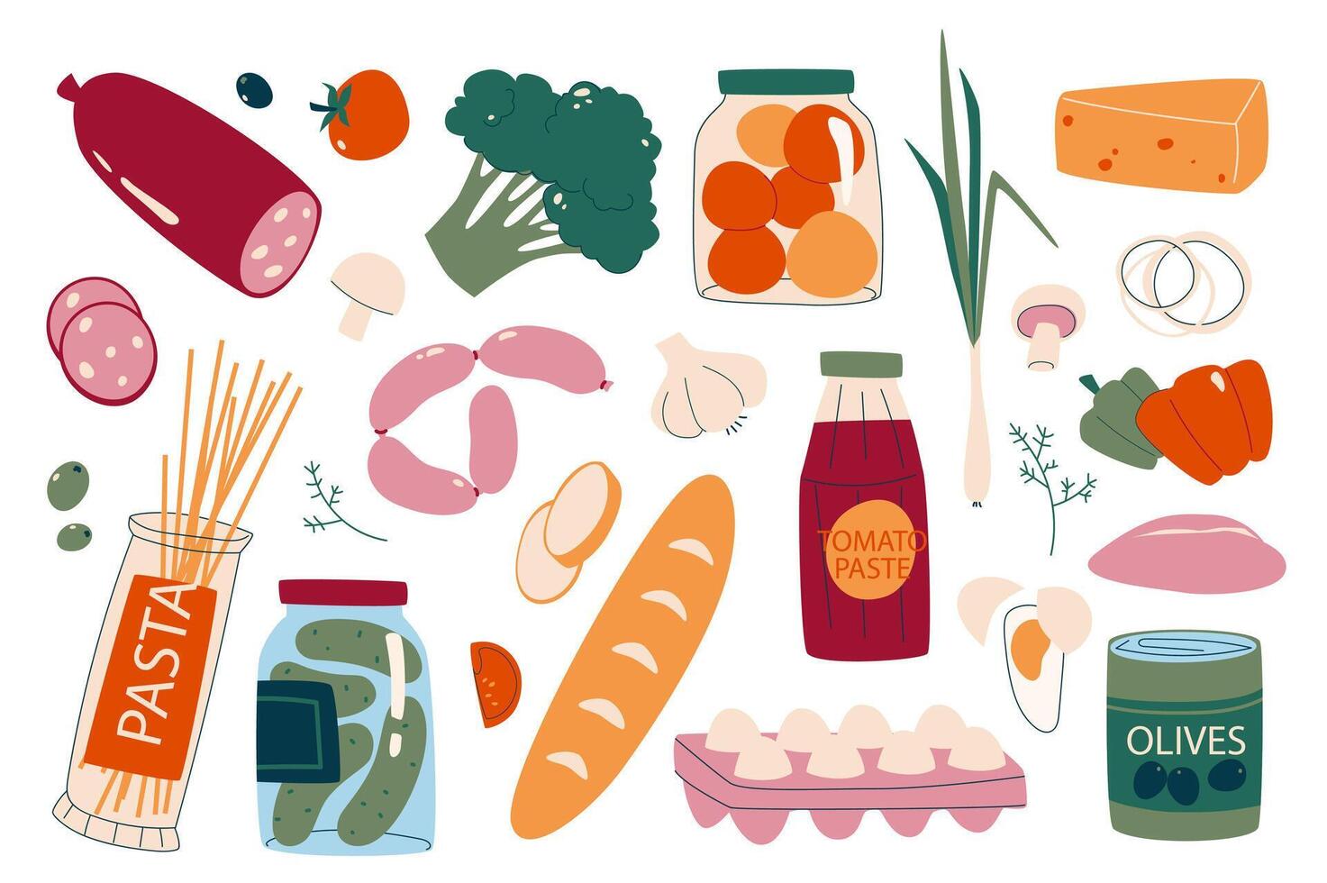 Basic food products set in flat graphic design. Collection isolated elements of salami, sausages, canned tomato and cucumber, cheese, vegetable, eggs, bread, pasts, olives, other. illustration. vector