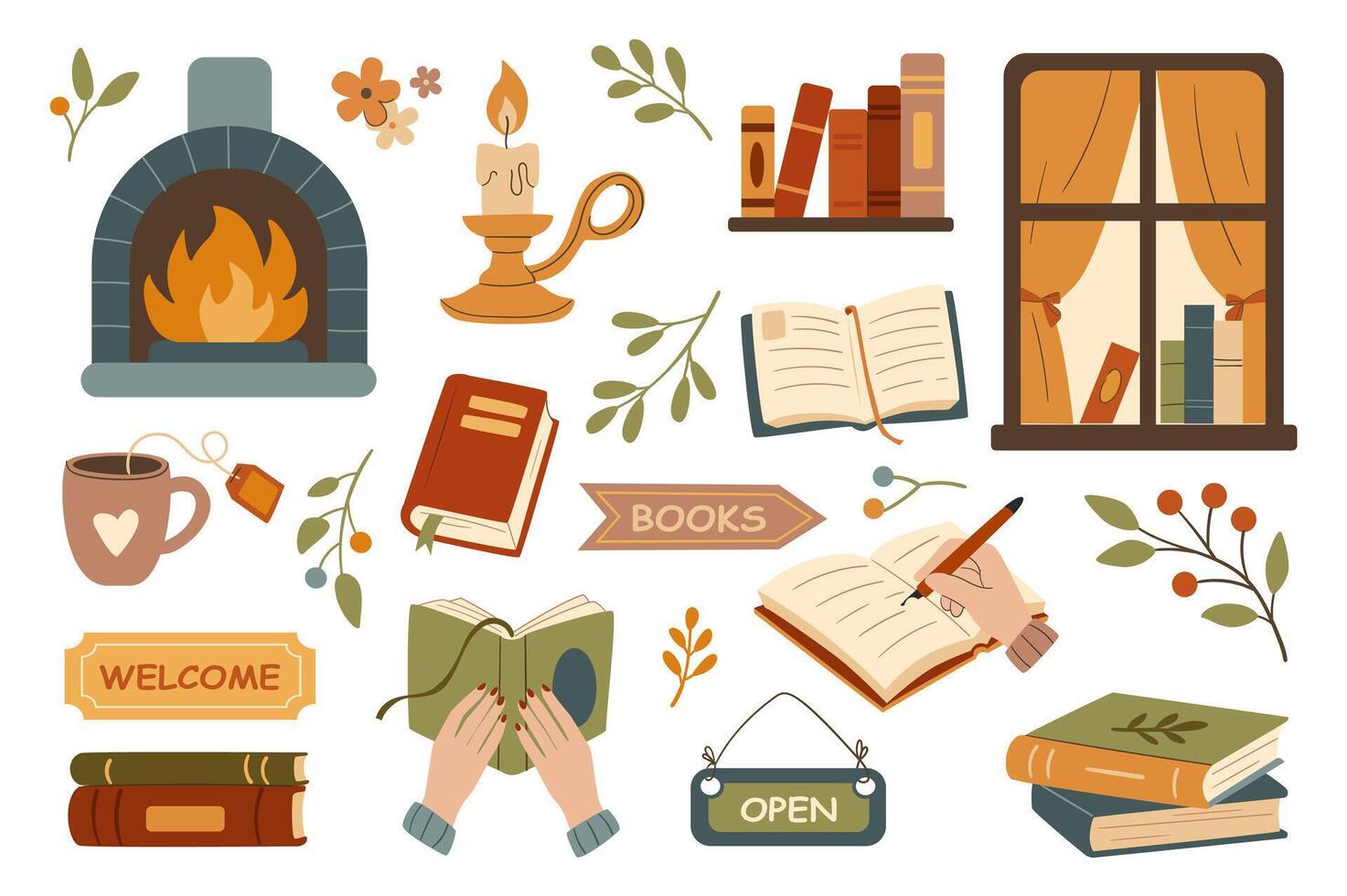 Cozy bookshop set in flat graphic design. Collection isolated elements of books, fireplace, candle, bookshelf, window, tea cup, welcome and open banners, reading, flowers, other. illustration. vector