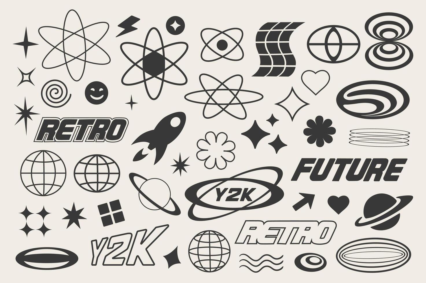 Retro futuristic elements y2k style set in flat graphic design. Collection isolated symbols of black groovy stars, lightnings, atoms, cosmic rocket, planets, other figure shapes. illustration. vector