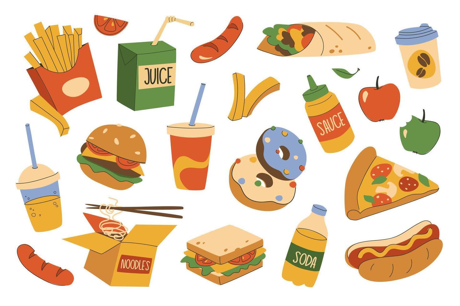 Fast food set in flat graphic design. Collection isolated elements of french fries, juice package, sausage, burrito, coffee cup, soda, burger, cola, donut, pizza, hot dog, other. illustration. vector