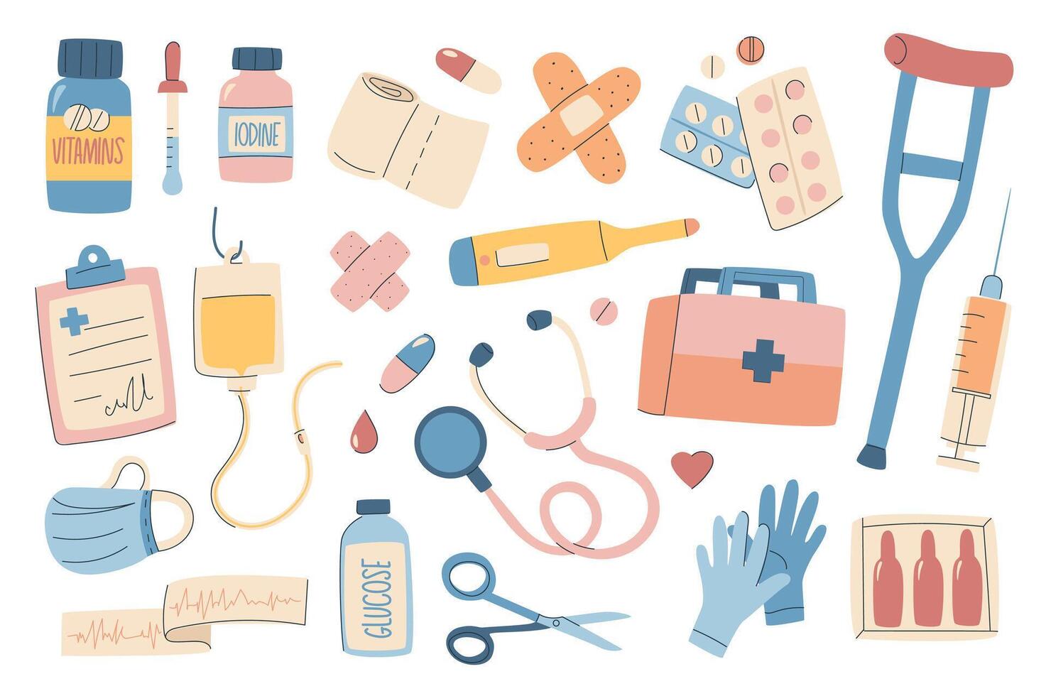 Medical set in flat graphic design. Collection isolated elements of vitamin bottle, pipette, bandage, pill, plaster, medicines, blood dropper, stethoscope, first aid kit, other. illustration. vector