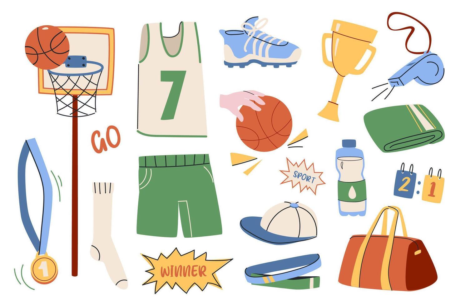 Basketball set in flat graphic design. Collection isolated elements of ball, basket, medal, sock, team player uniform, sneaker, trophy, cap, water bottle, whistle, score, other. illustration. vector