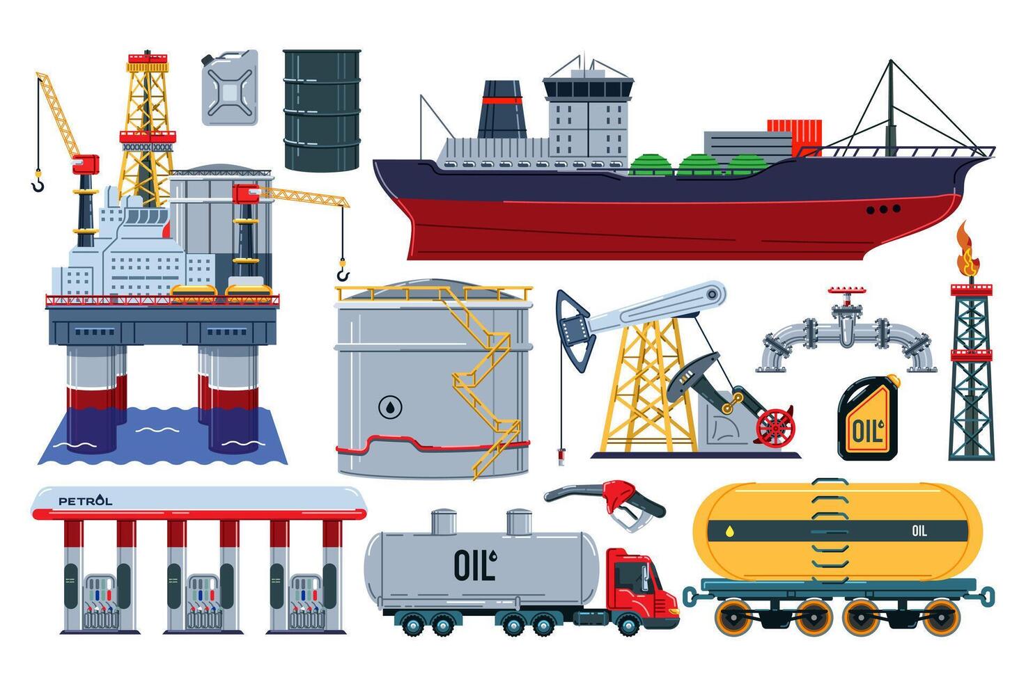 Oil industry set in flat graphic design. Collection isolated elements of platform with drilling rig, barrel, canister, tanker ship, storage tank, pipeline, truck, station, other. illustration. vector