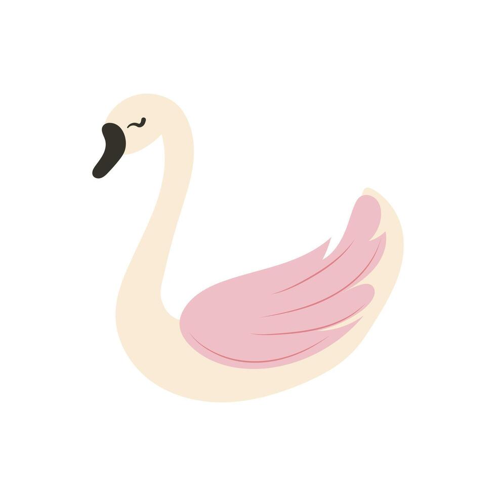 Cute swan with pink feathers in flat design. Beautiful swimming bird. illustration isolated. vector