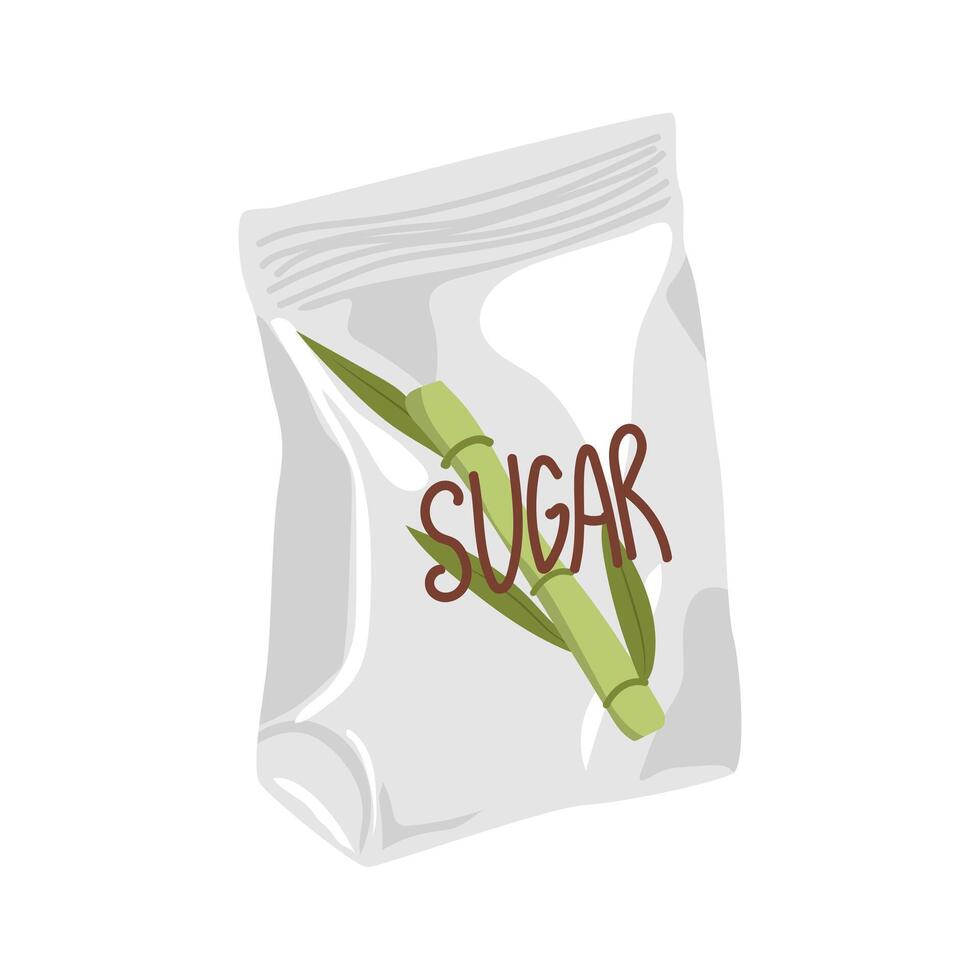 Cane sugar in package in flat design. Sweet in packet with sugarcane stem. illustration isolated. vector