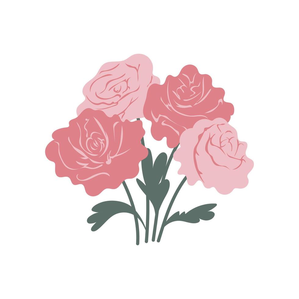 Pink roses bouquet in flat design. Beautiful romantic botanical blooms. illustration isolated. vector
