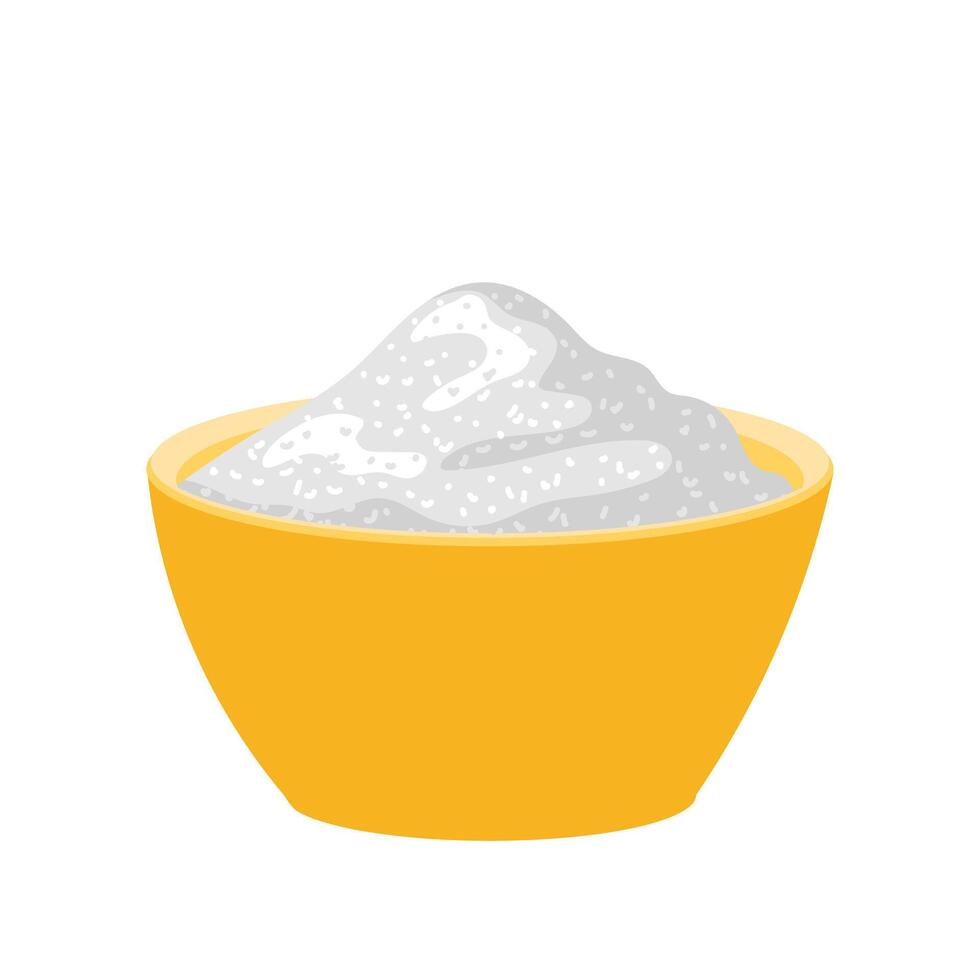 White sugar powder in bowl in flat design. Sweet sand, cooking ingredient. illustration isolated. vector