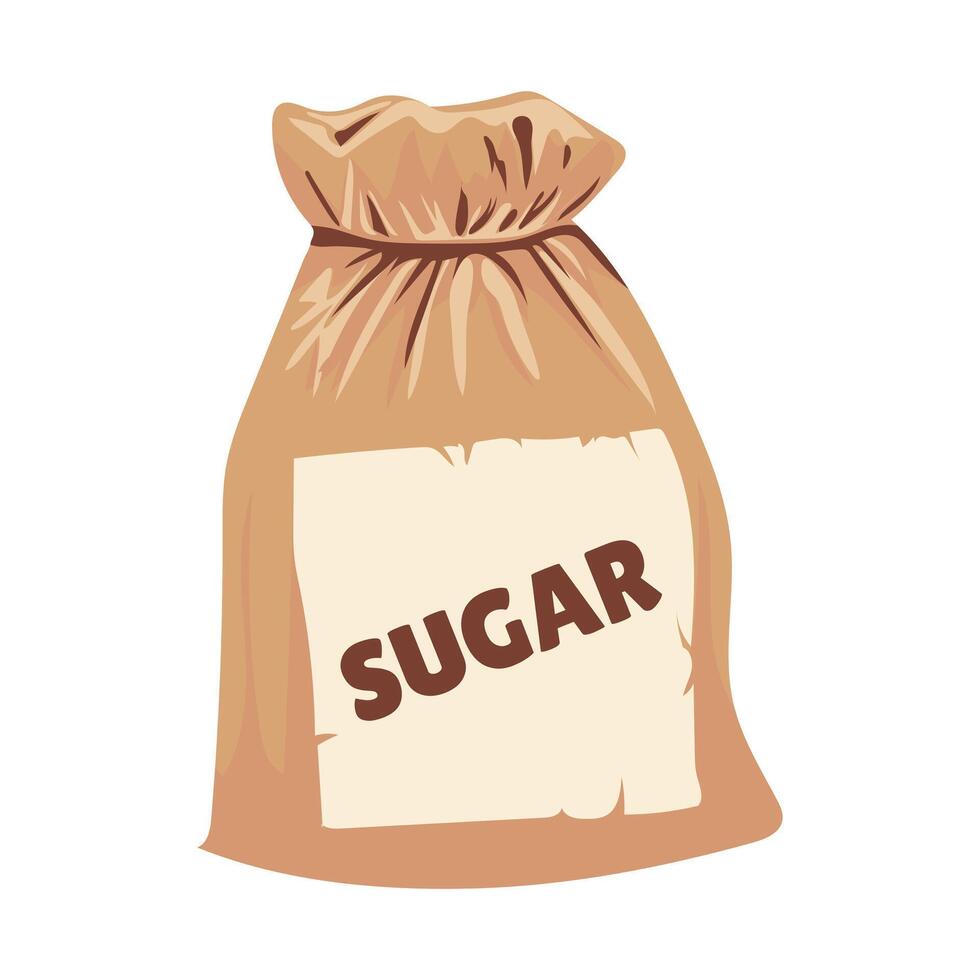 Sugar in textile bag in flat design. Sweet ingredient in brown sack. illustration isolated. vector