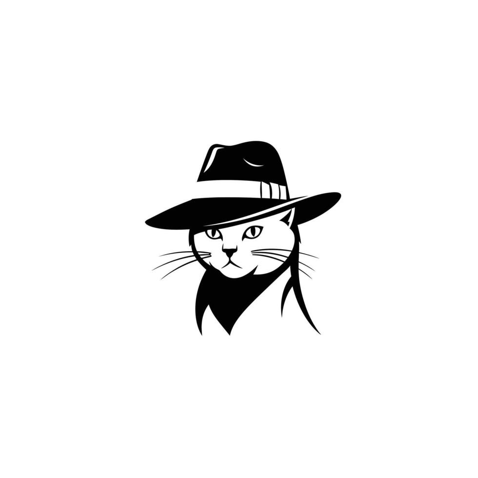 Black and white logo design of a cat wearing a hat vector