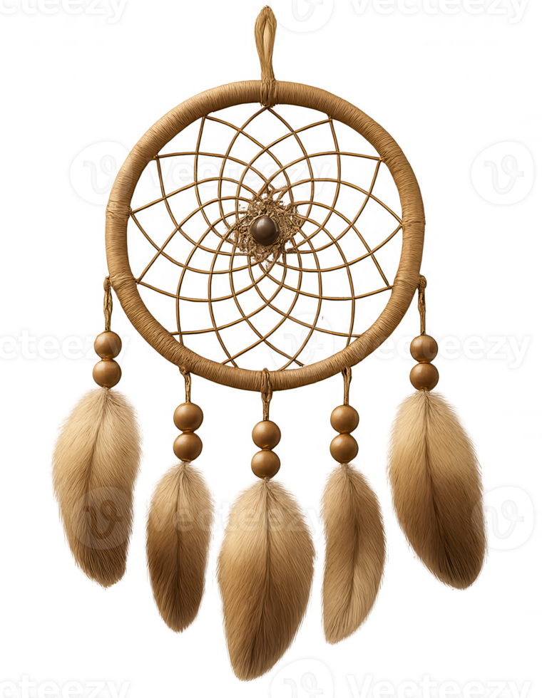 Golden dreamcatcher with feathers hanging on transparent background png