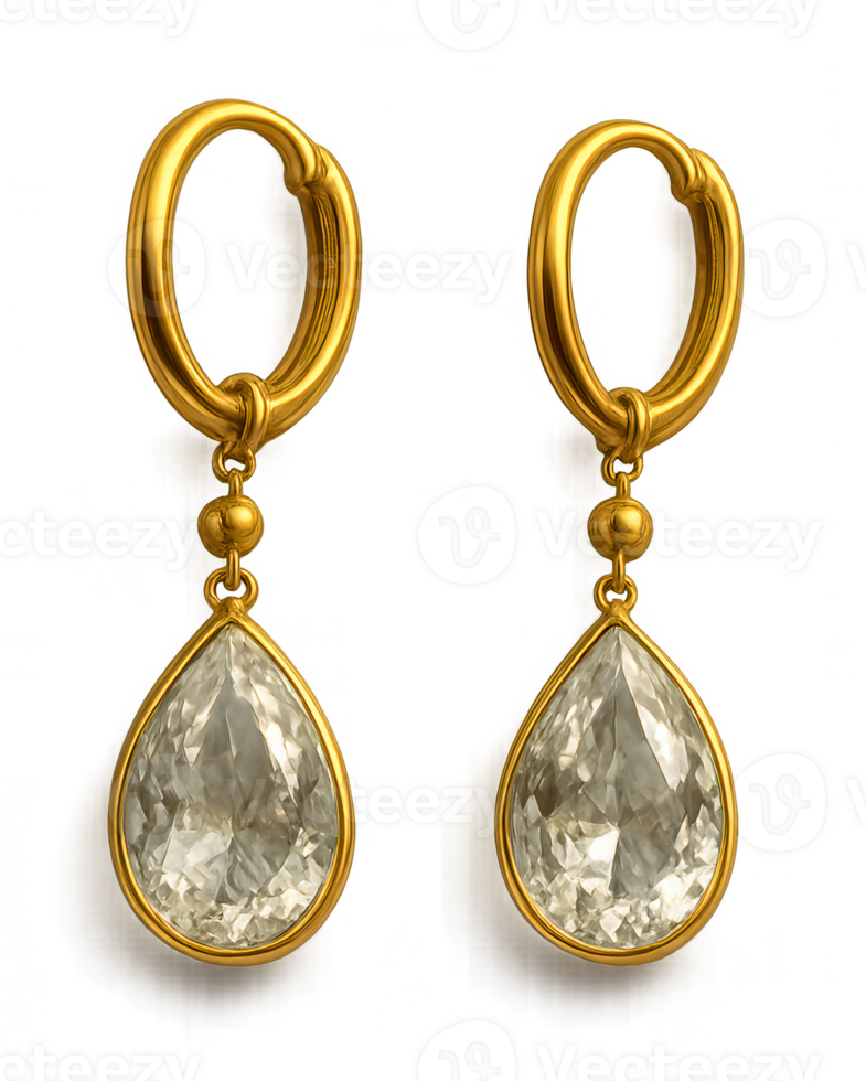 Pair of Gold Earrings with Clear Gemstones Hanging on Transparent Background png