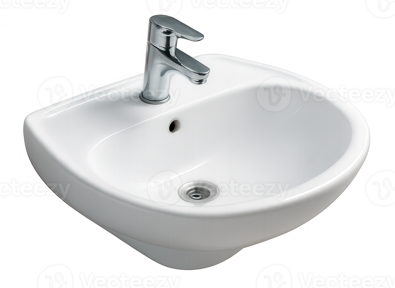 Very modern white ceramic washbasin with chrome faucet on transparent background png