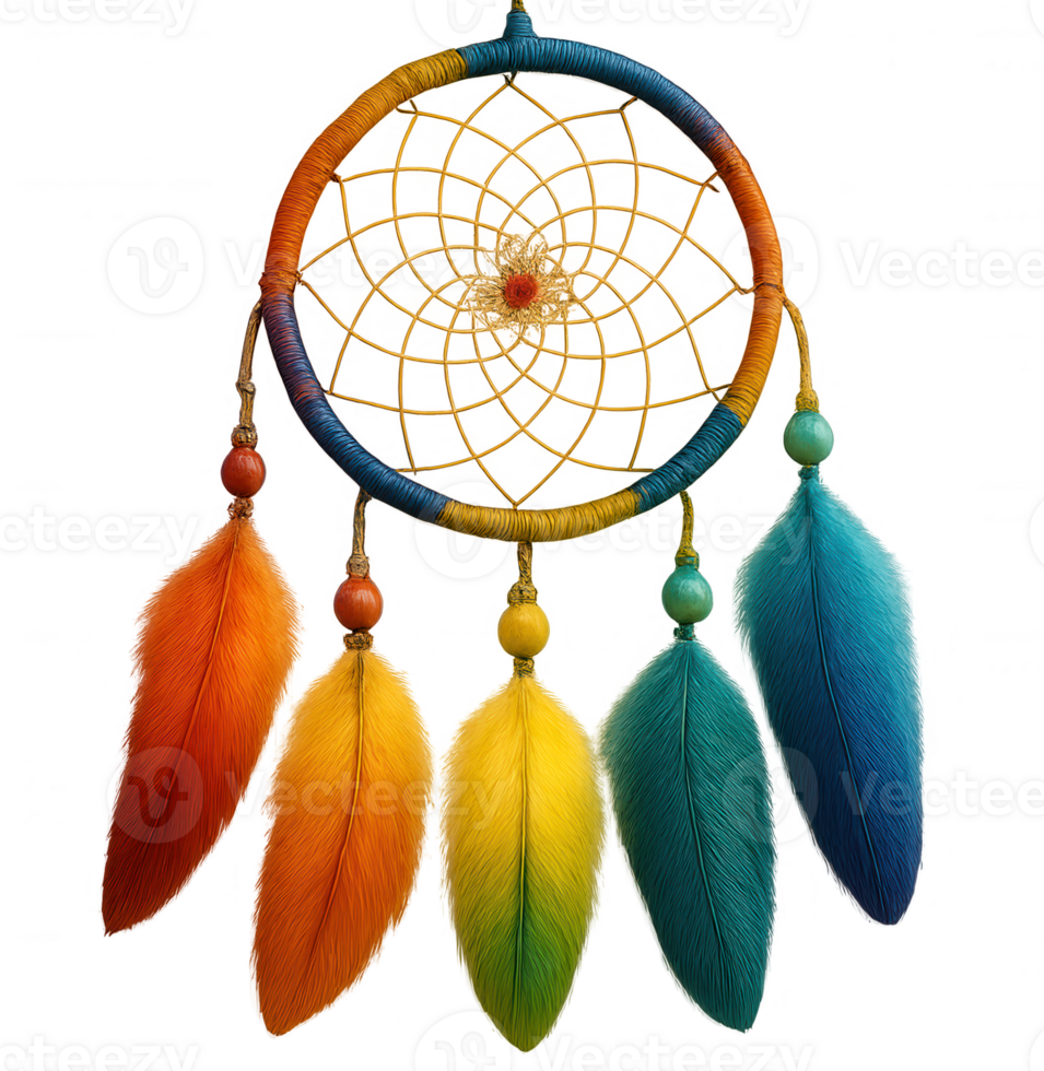 Colorful dreamcatcher with feathers hanging on transparent background png