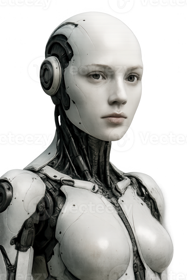 Female humanoid robot with realistic face and mechanical body png