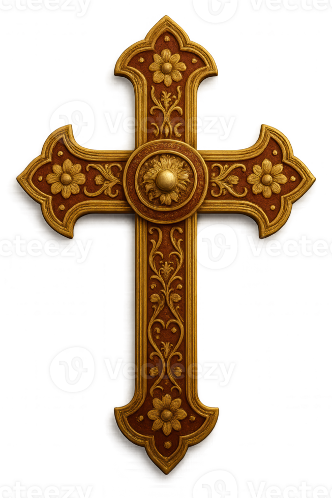 Ornate gold and red cross with floral decorations on transparent background png