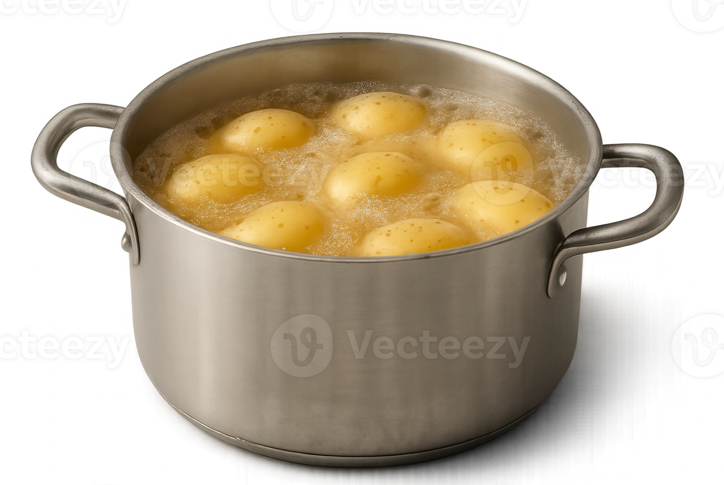 Potatoes boiling in a metal pot with transparent background png