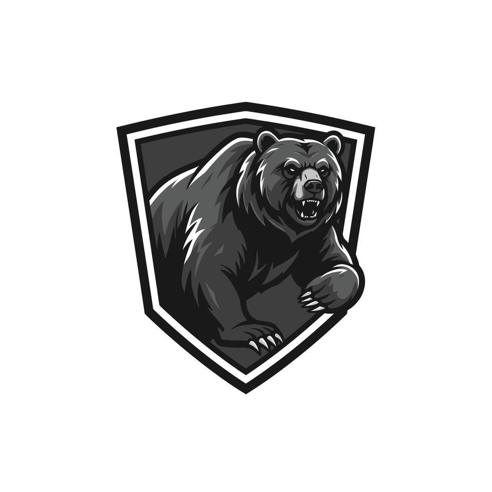 Black and white bear logo design on a shield vector
