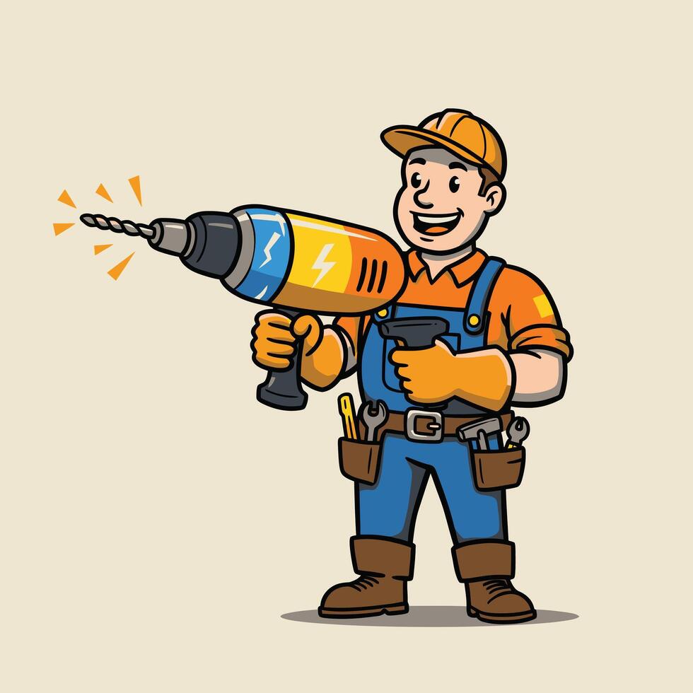 Cartoon man holding a drill logo design vector
