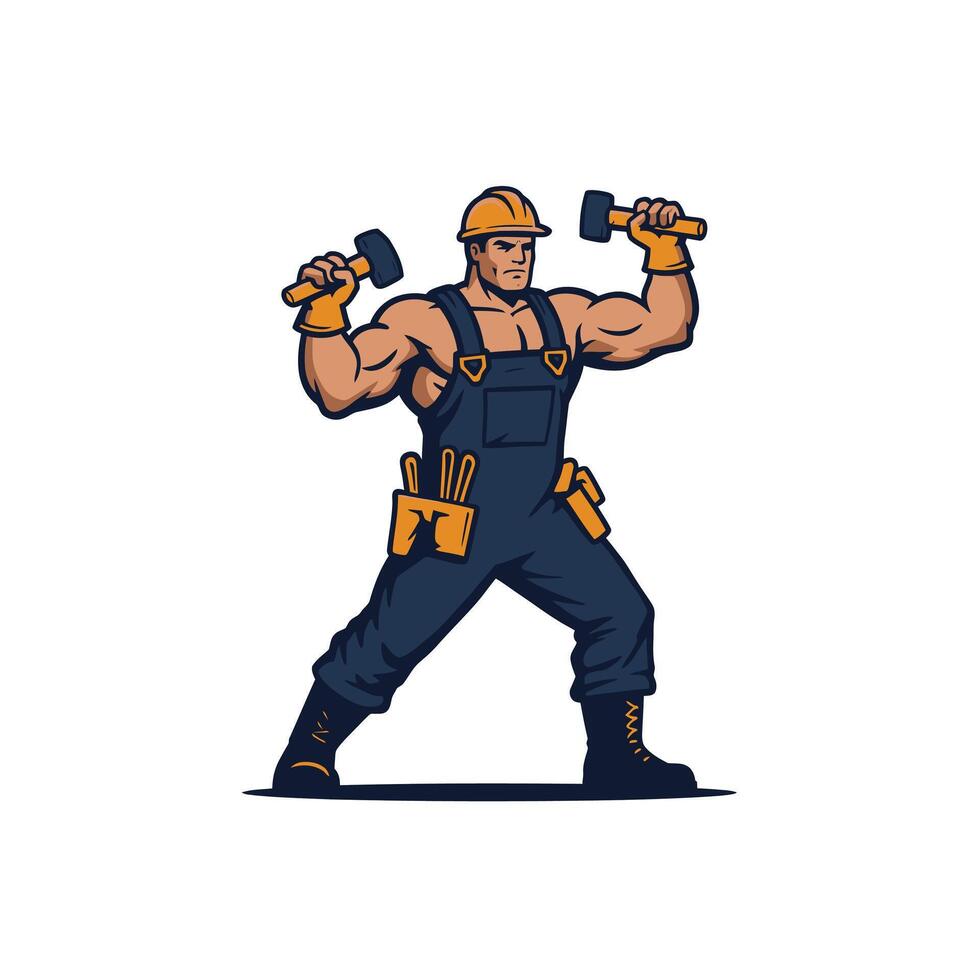 Man in overalls holding hammers logo design vector
