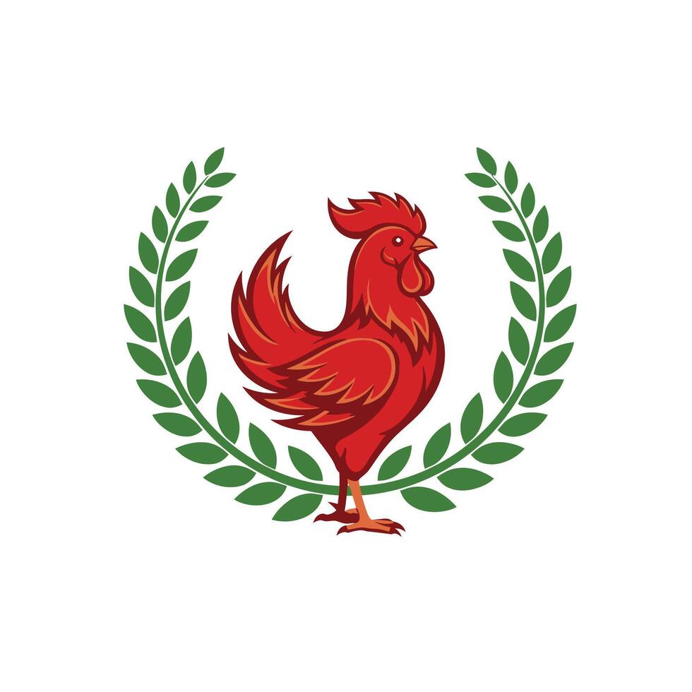 Red rooster in laurel wreath logo design vector