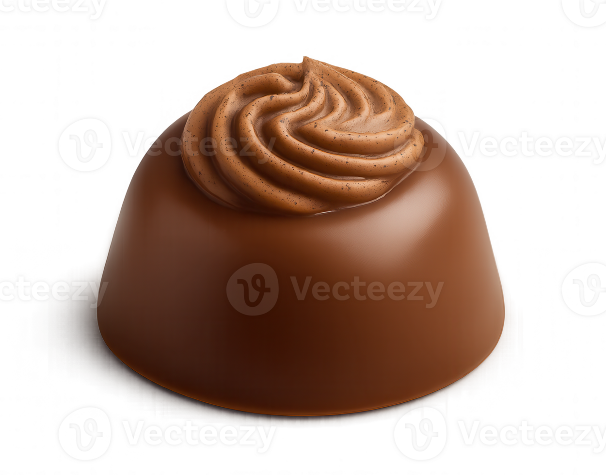 Delicious milk chocolate praline with chocolate swirl topping on transparent background png