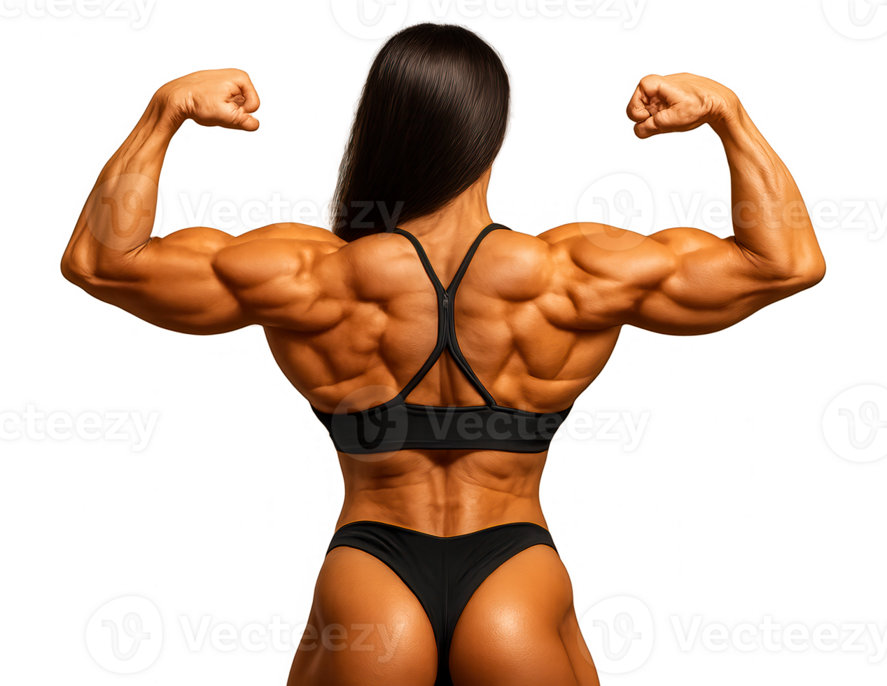 Female bodybuilder showing back muscles on transparent background png