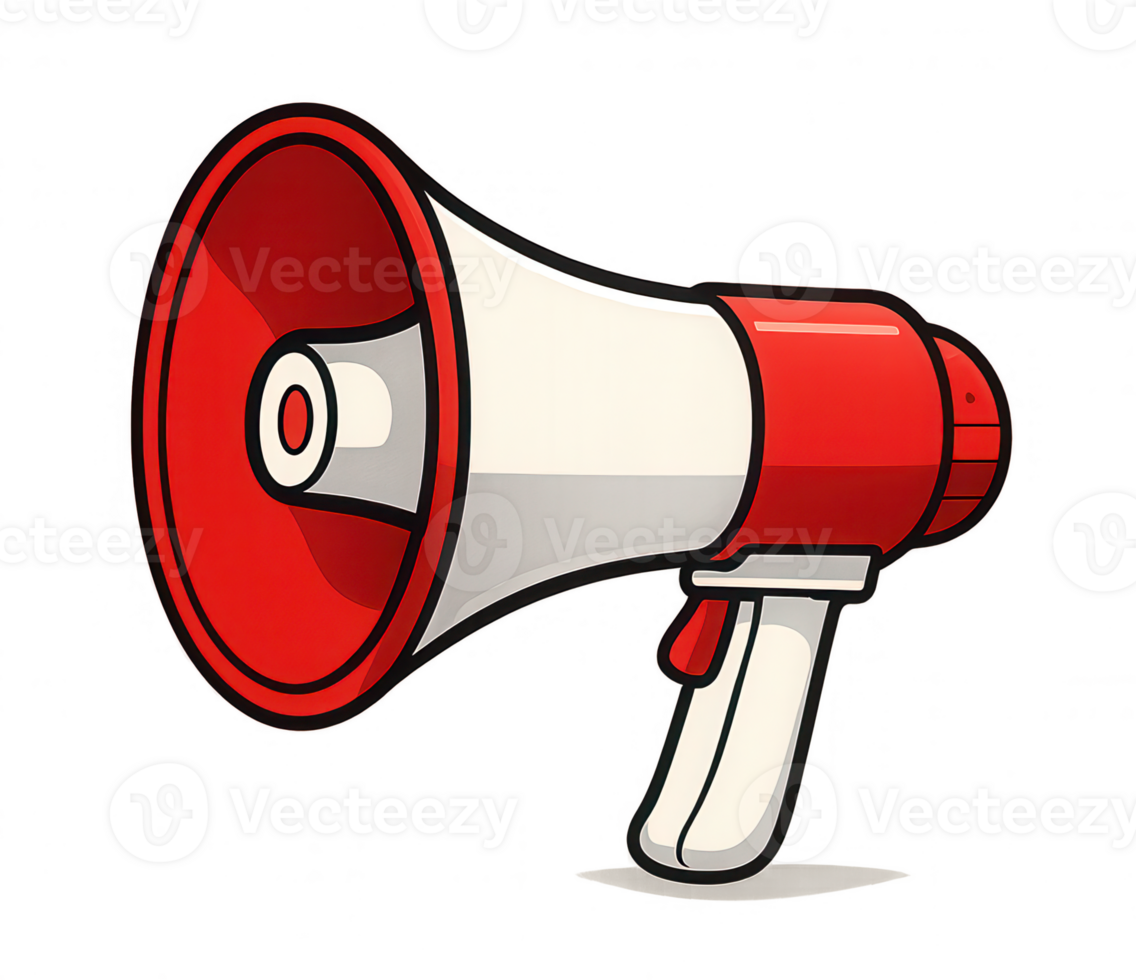 Red and white megaphone amplifying sound on transparent background png