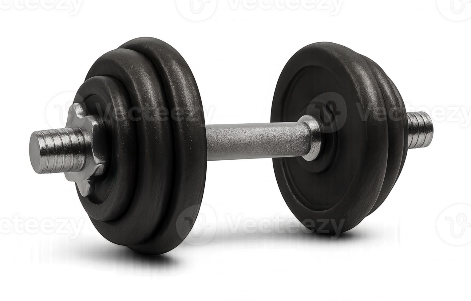 Black dumbbell with metal grip lying on transparent background png