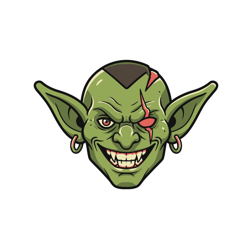 Cartoon green troll face with red eyes logo design vector