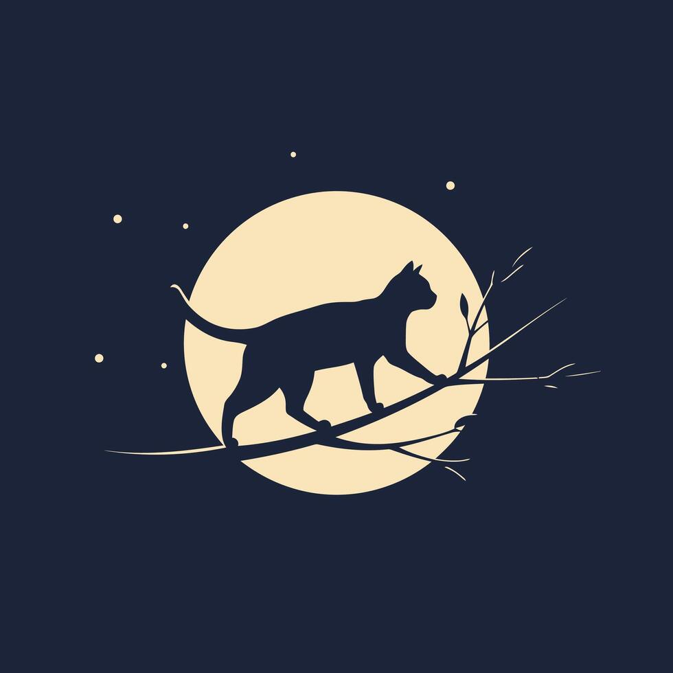 Cat on a branch at night logo design vector