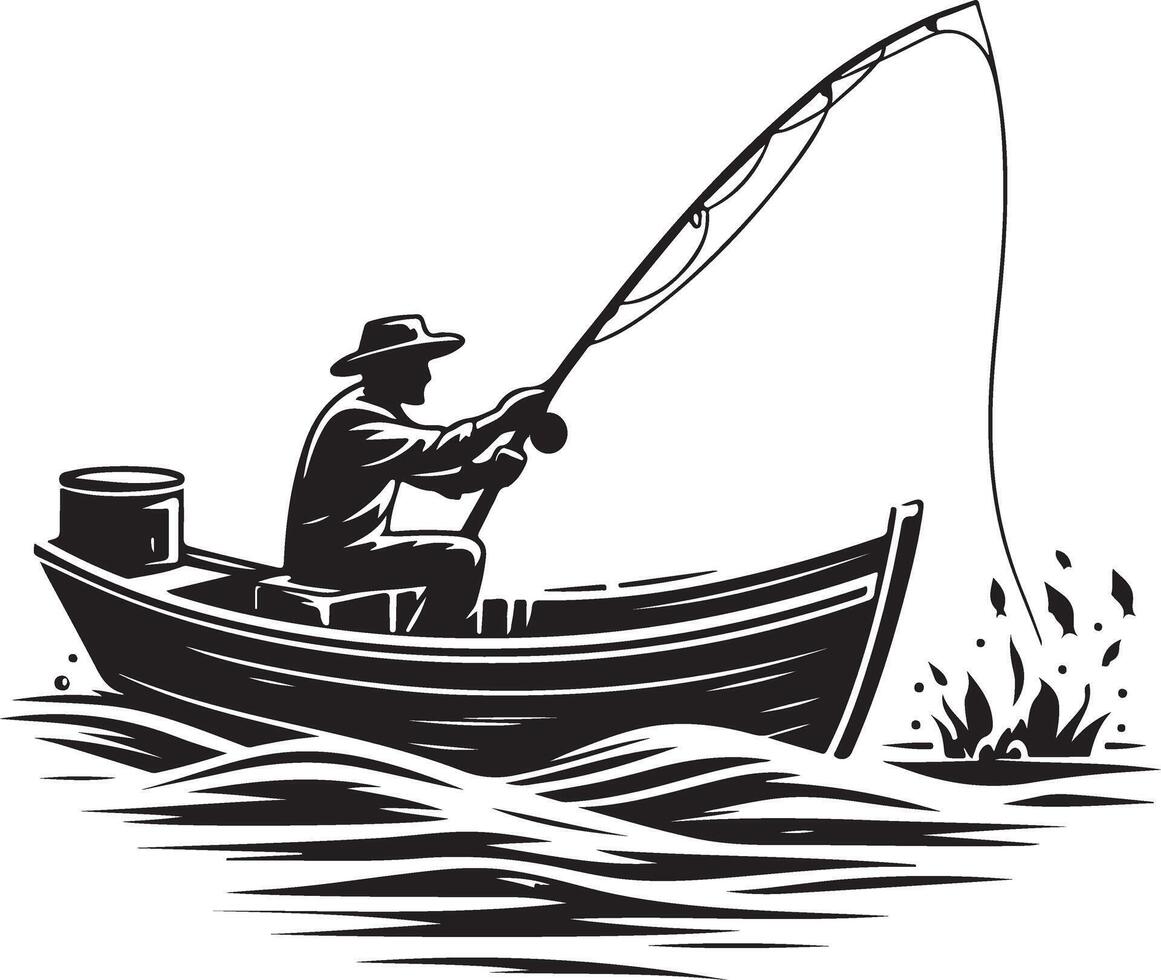 Fisherman Casting Line from Rowboat Minimalist Silhouette Illustration fishing boat in the sea new 2025 trendy vector