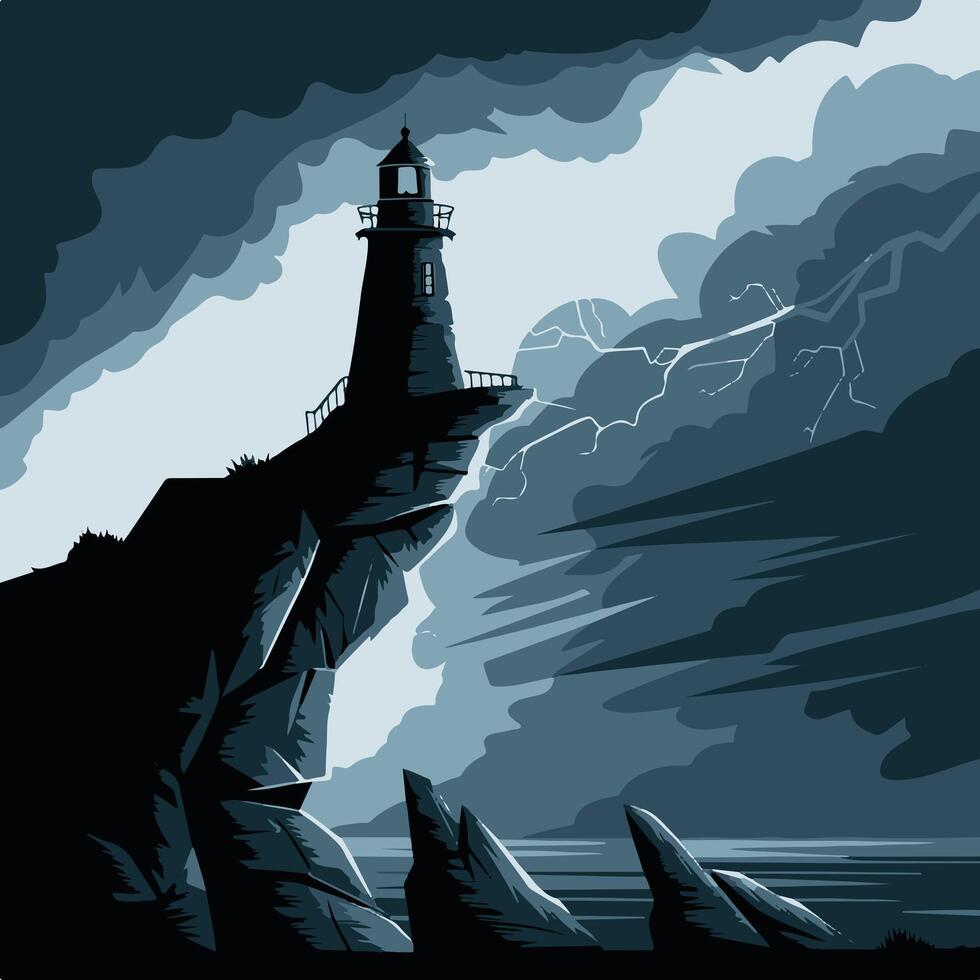 Rustic Lighthouse on Rocky Cliff Detailed Black and White Silhouette Illustration lighthouse on the coast of the sea new 2025 trendy vector