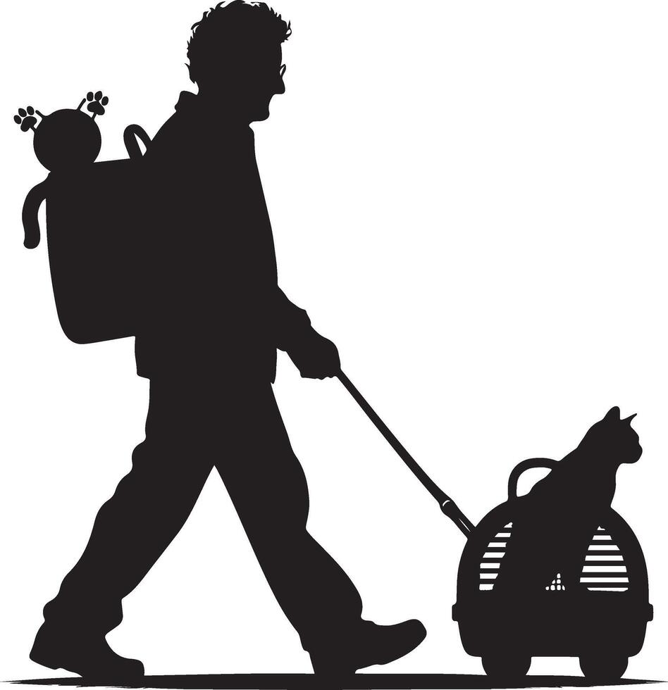 Elderly Person Walking with Pet Cat in a Carrier Heartwarming Senior and Pet Lifestyle Scene silhouette new 2025 trendy vector
