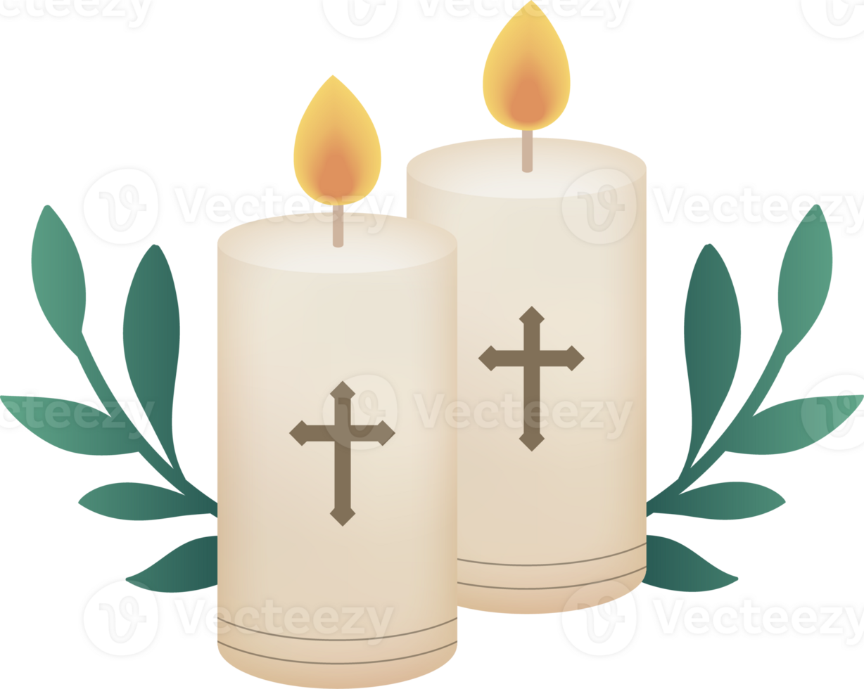 Lit Religious Candle with Olive Leaves png
