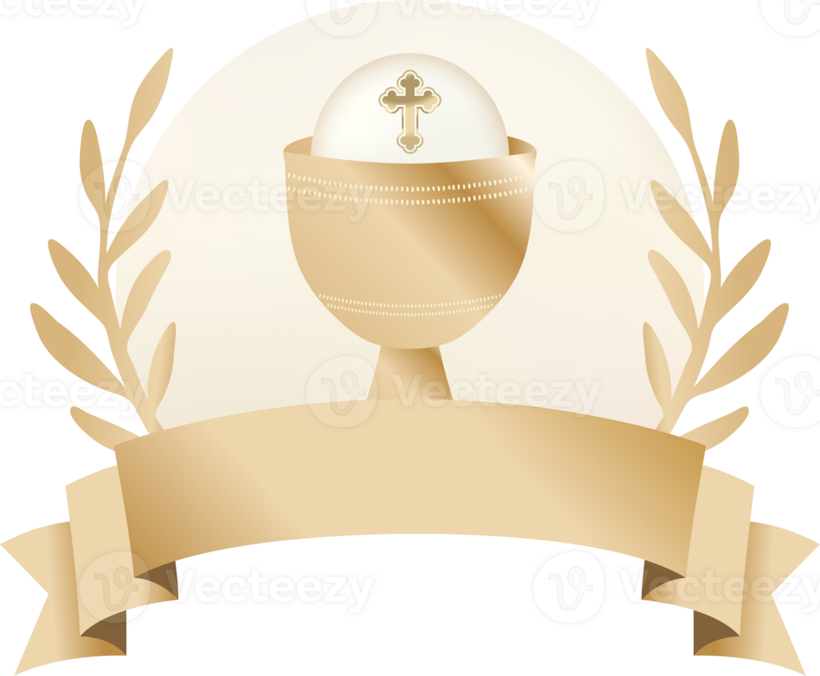 First Holy Communion Sacred Gold Chalice with Olive Leaves and Ribbon png