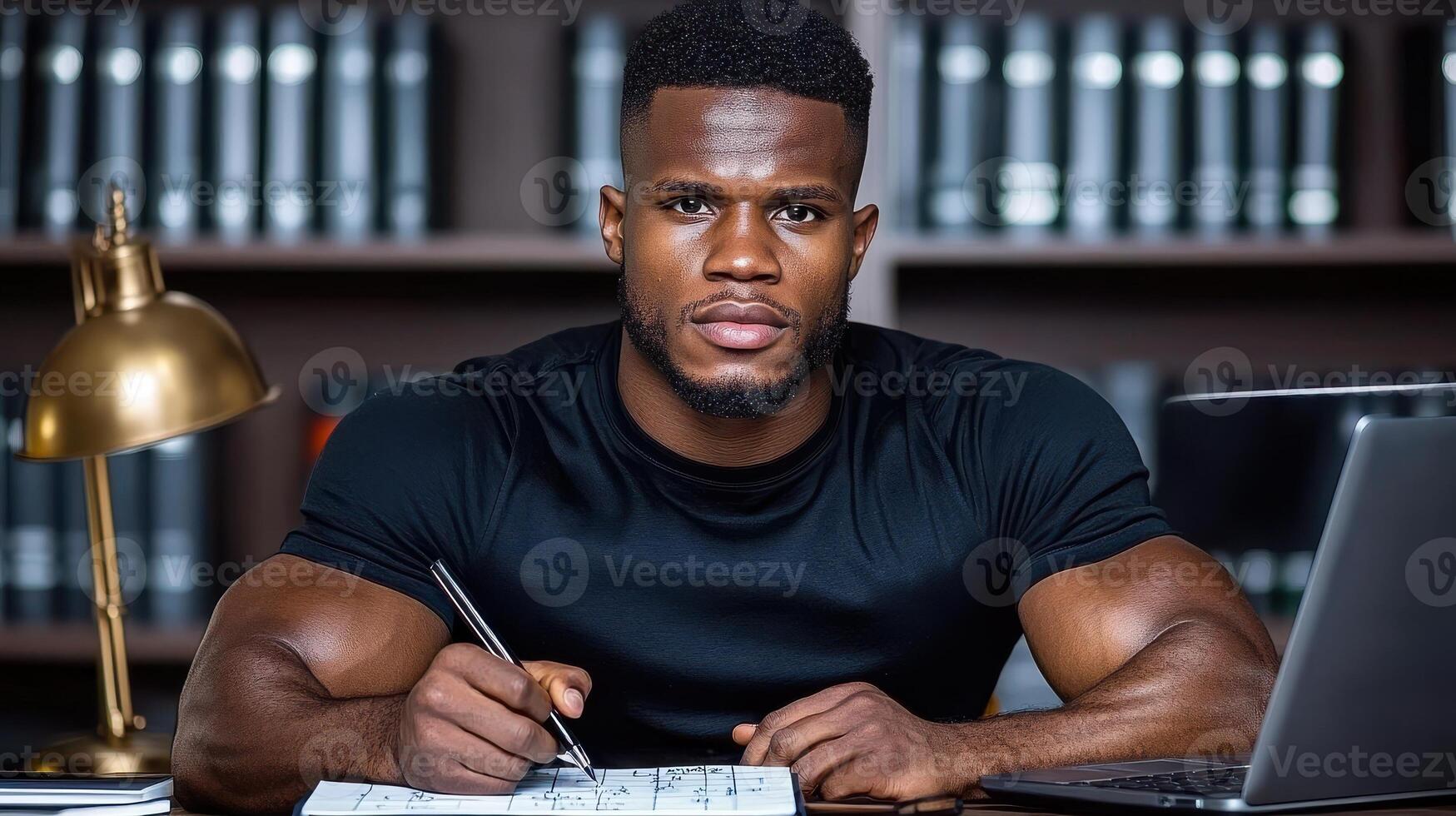A focused man in a black shirt works at a desk with a notebook and laptop, embodying productivity and determination photo