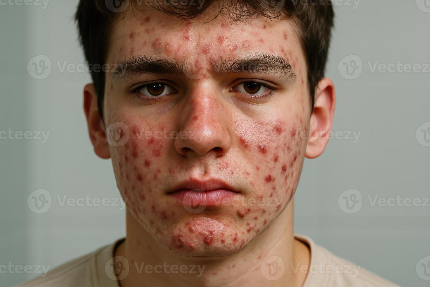 A close-up portrait of a young man with severe facial acne, showing inflamed skin and common teenage dermatological concerns photo