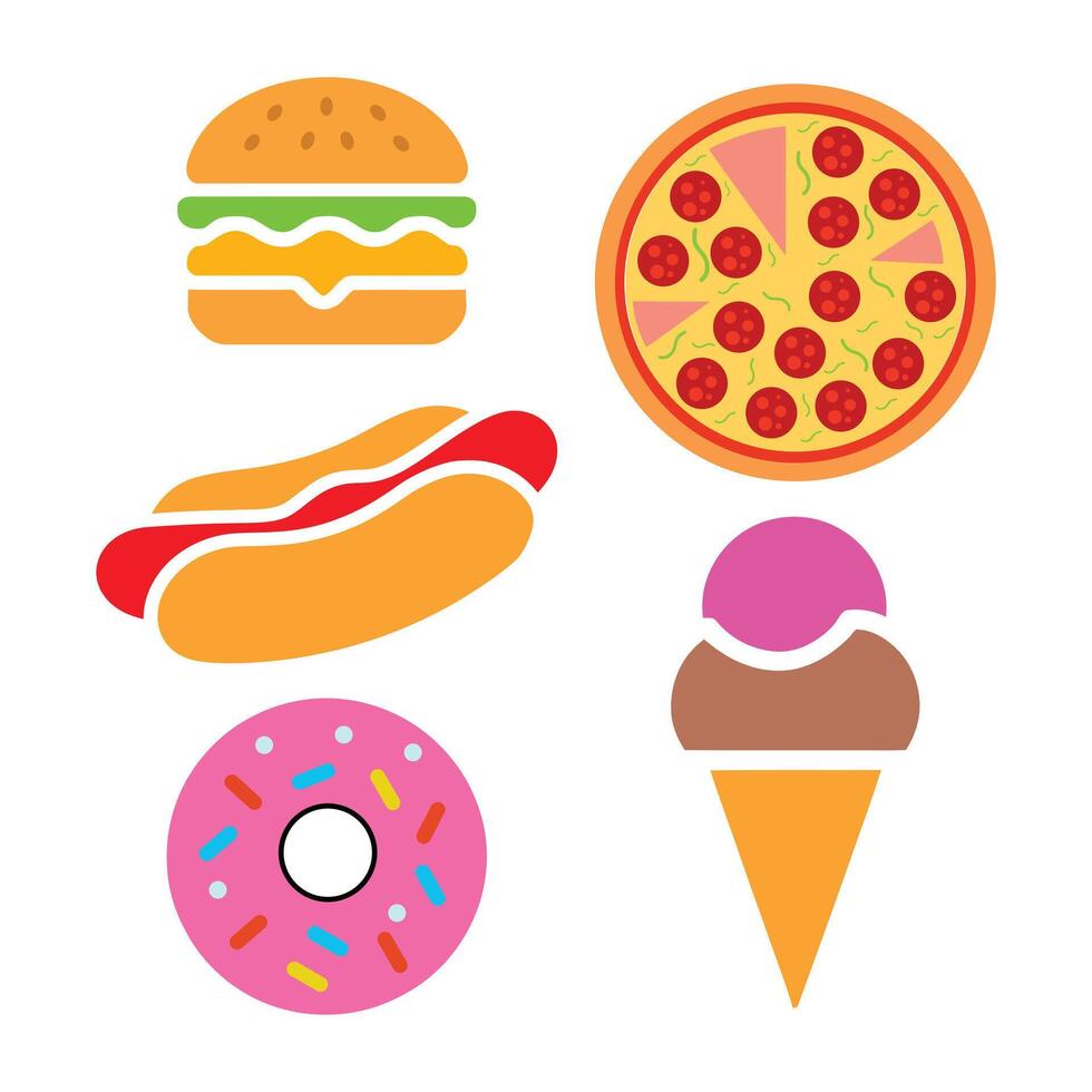 colorful fast foods from many countries of the world. Set of isolated foods bagger, ice-cream, pizza, icons vector