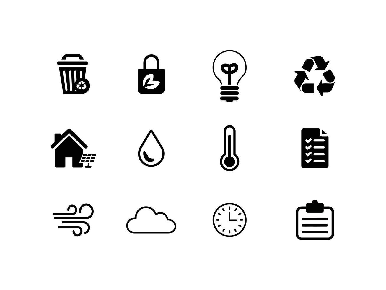 Solid icon set with recycling, sustainability, solar, resources, ecology symbols. Web design icons vector