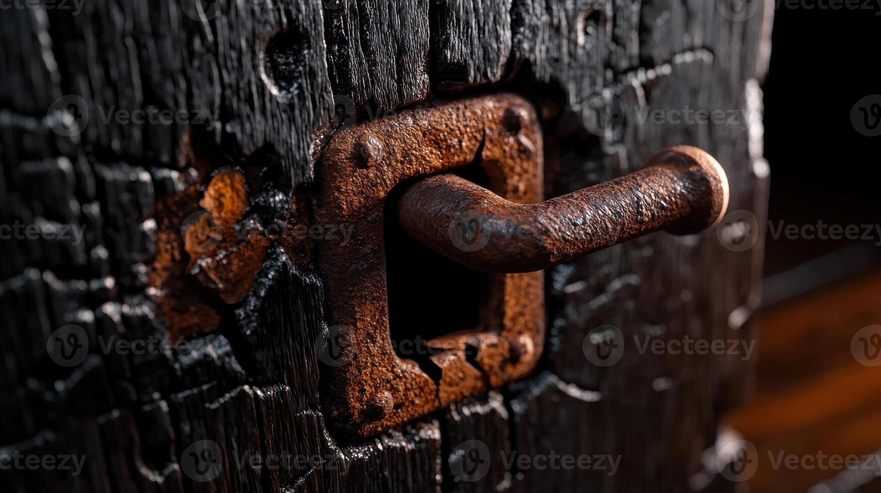 Old rusty metal handle embedded in burned dark wood, emphasizing texture, contrast, and aged industrial materials photo
