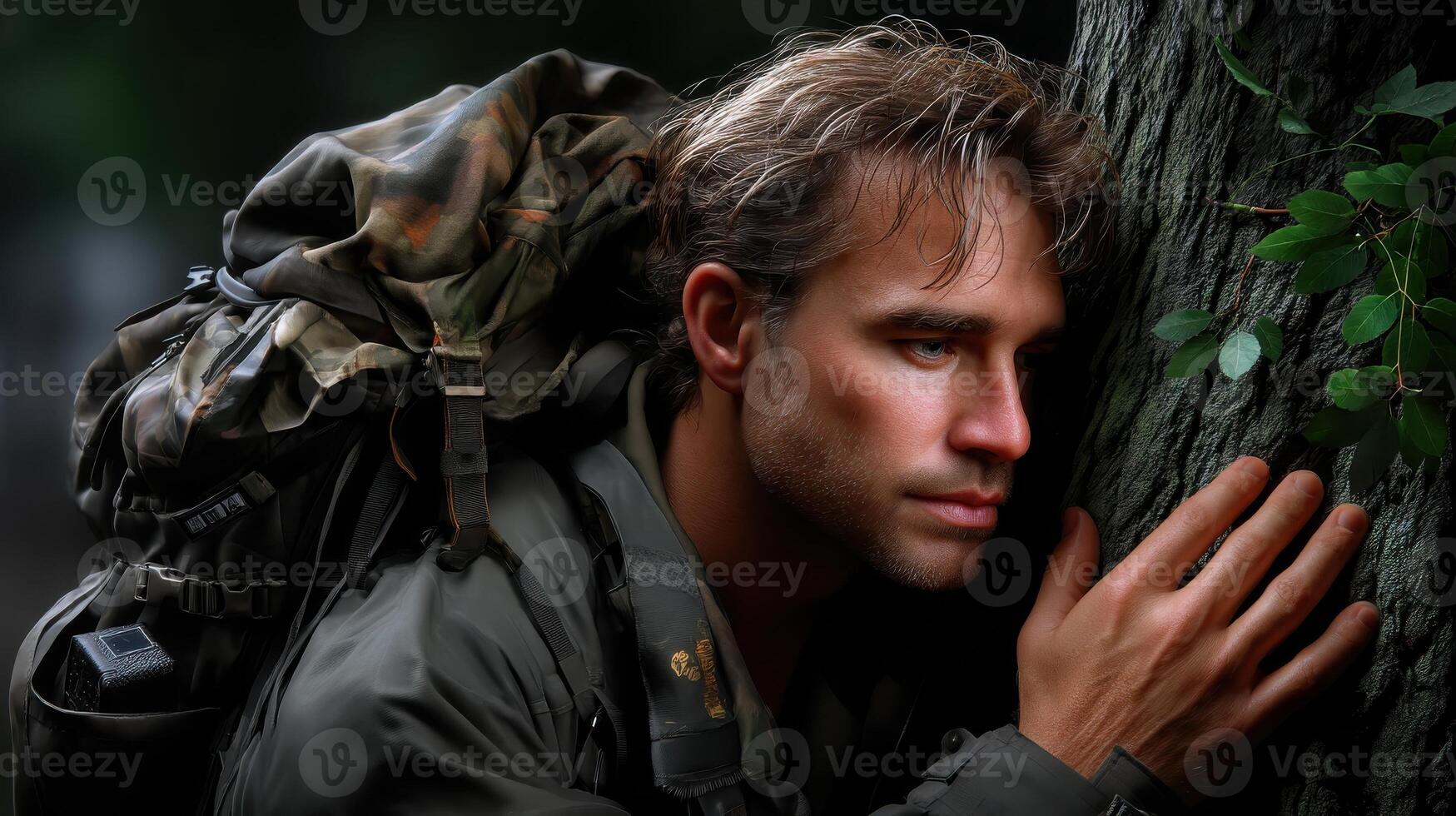 A rugged man in camouflage gear touches tree bark deeply immersed in forest surroundings, showing connection with wilderness and silence photo