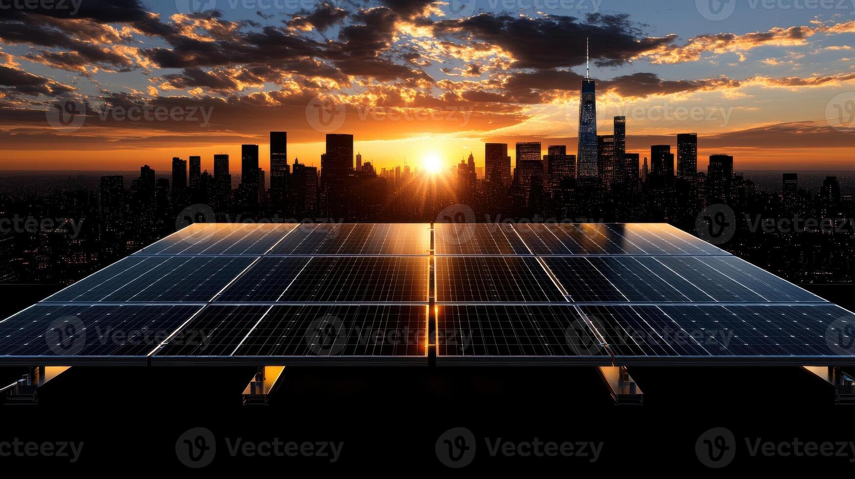A field of solar panels shines under a dramatic sunset, capturing sustainable energy while symbolizing environmental progress and innovation photo