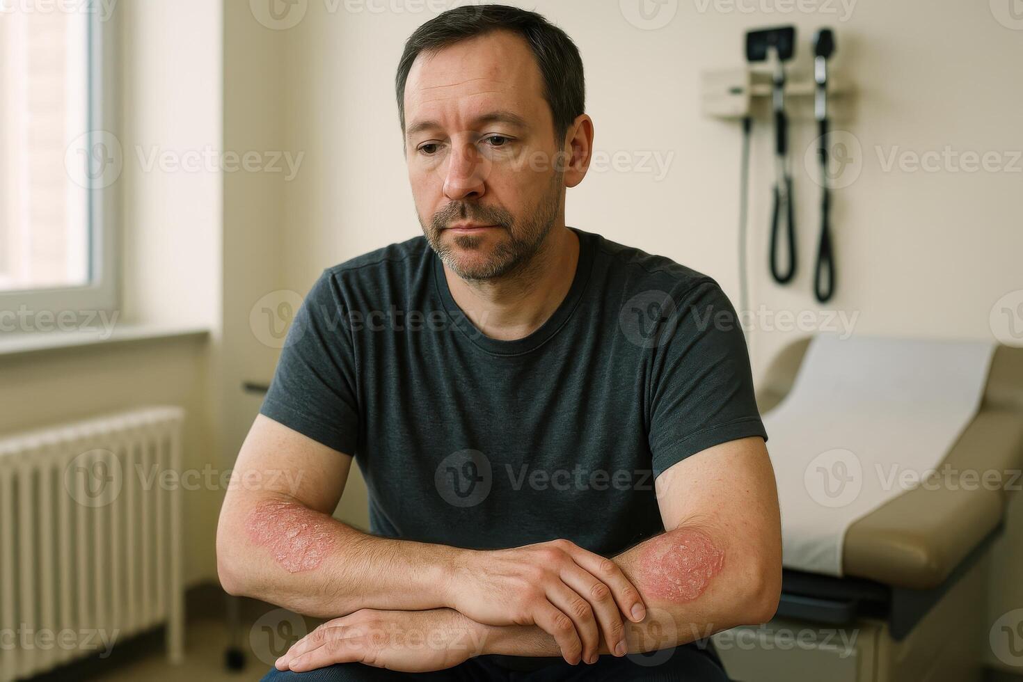 A man sits in a medical room displaying psoriasis on his arms, highlighting the chronic skin condition and emotional burden photo