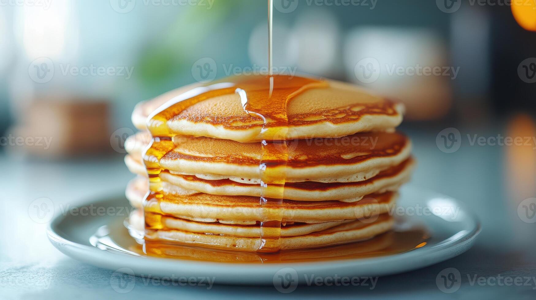 Delicious Stack of Fluffy Pancakes With Maple Syrup Dripping Down - Perfect for Breakfast or Brunch Enthusiasts photo