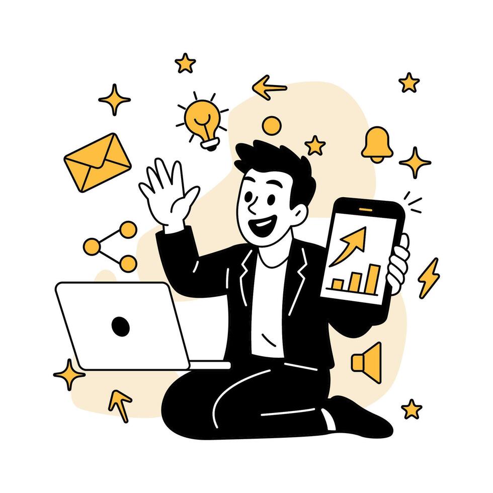 illustration of a cheerful businessman making a call using a laptop and mobile device, representing online communication, remote work, and digital connection. vector