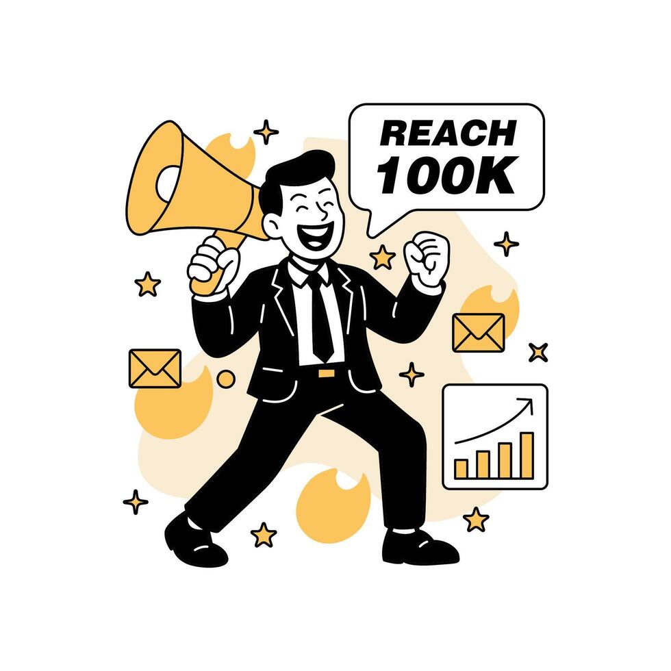 illustration of a businessman holding a giant megaphone, celebrating marketing success and audience growth with email icons and upward chart vector