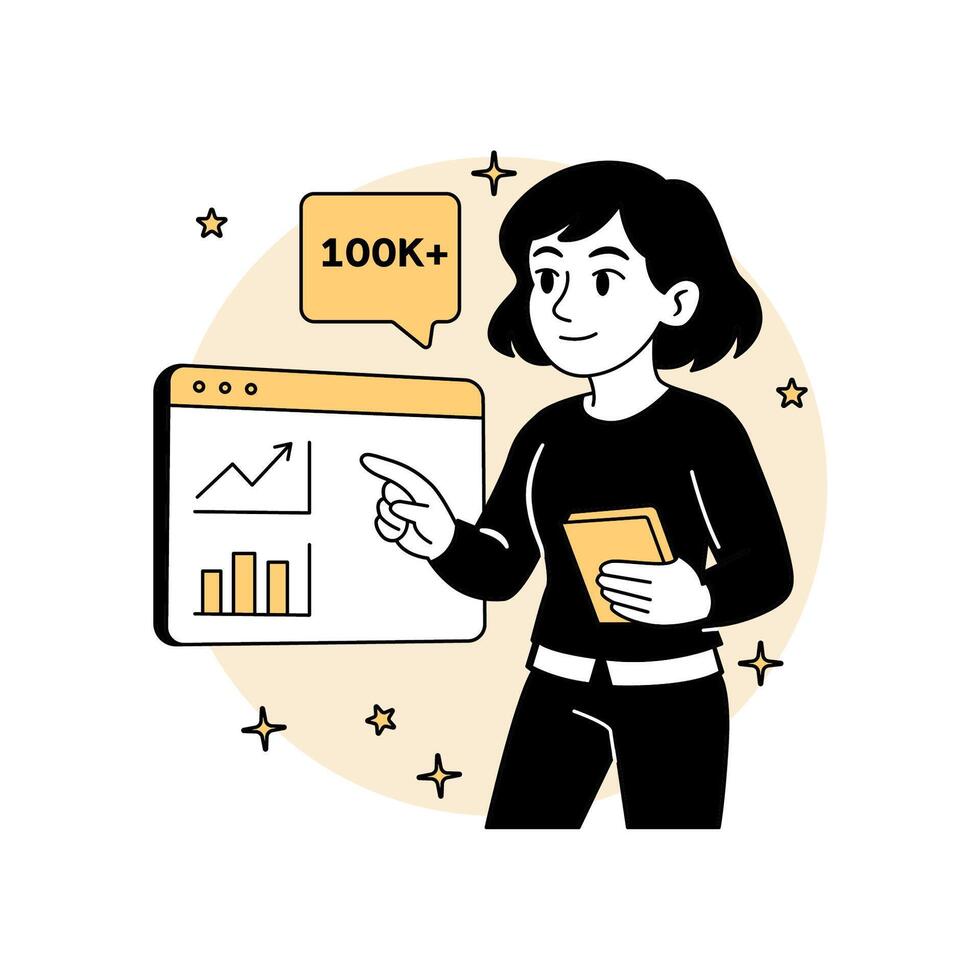 illustration of a woman analyzing user growth metrics on a dashboard interface. for tech startup data tracking, analytics, and performance monitoring visuals. vector