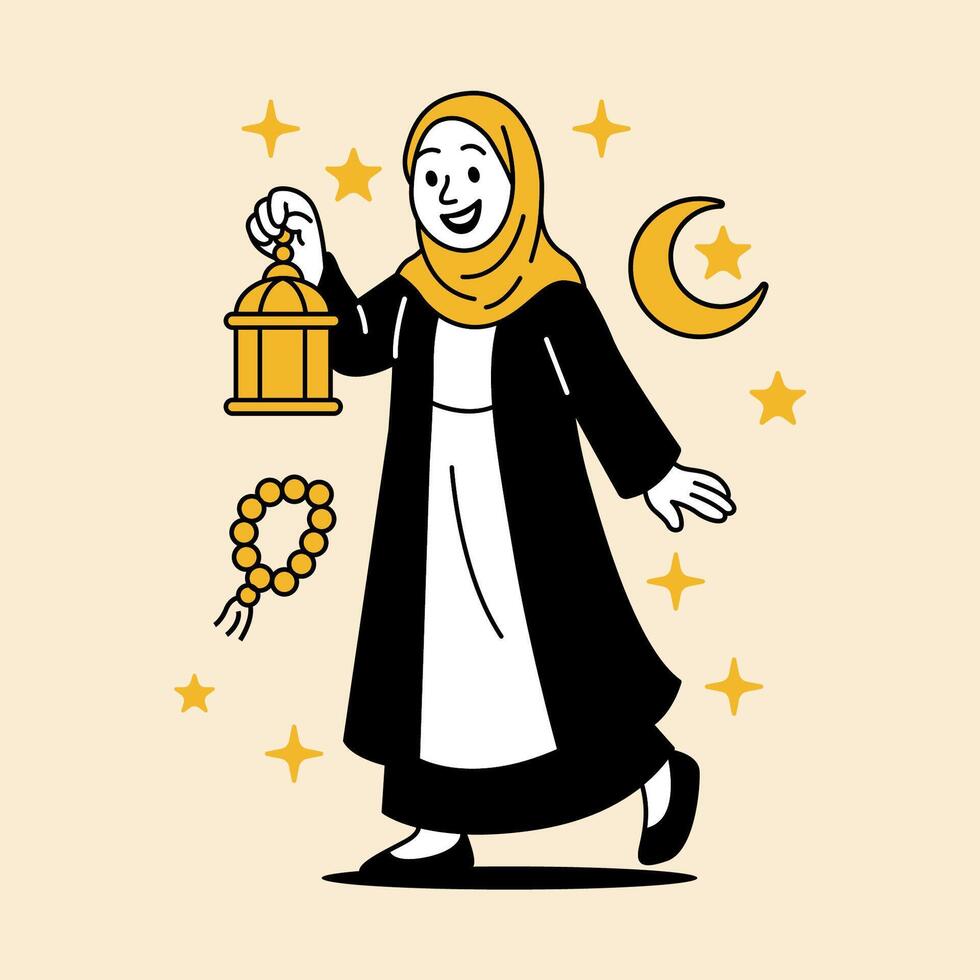 A joyful woman holding a lantern and smiling illustration For Eid Al Adha Mubarak vector