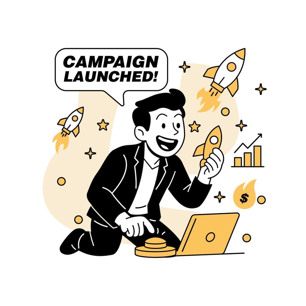 illustration of a businessman launching a rocket-shaped ad campaign with a laptop and button, symbolizing startup marketing, digital growth, and campaign activation vector