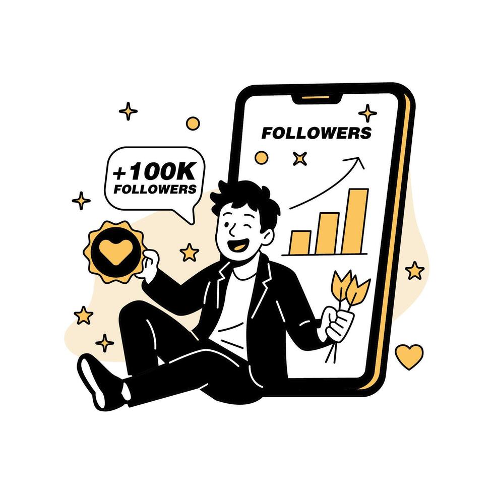 illustration of a man sitting with a smartphone showing social media follower growth, celebrating 100K followers. Ideal for digital marketing, branding, and social campaigns vector